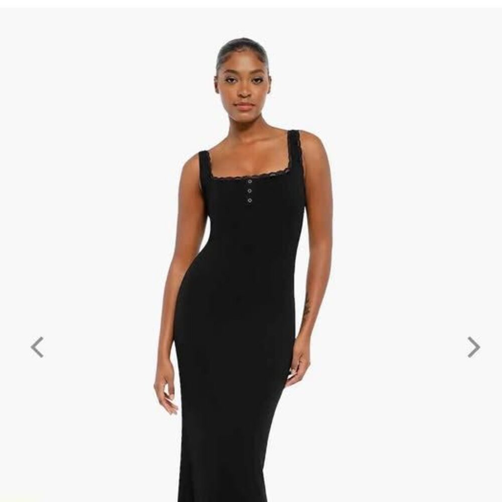 Popilush Shapewear Modal Slimming Lace Trim Henley Tank Maxi Dress